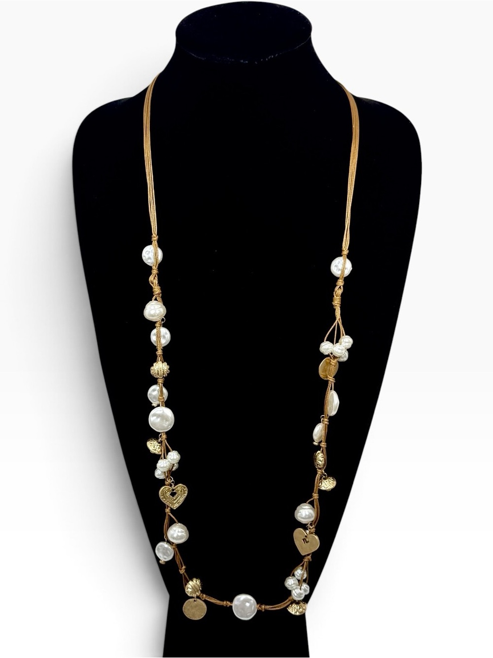 Chico’s Pearl Heart Charm Leather Cord Necklace 36” NWT